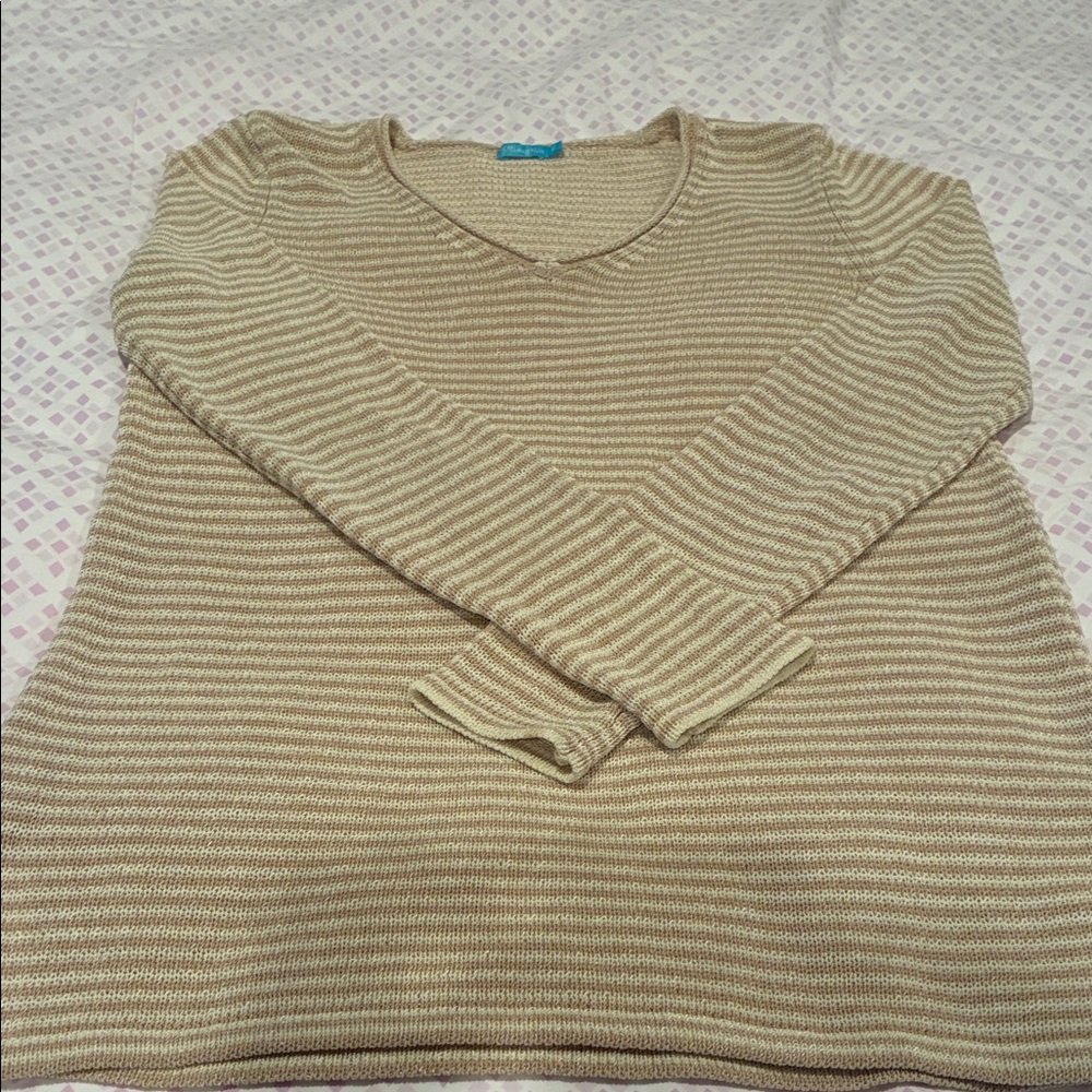 J. McLaughlin Beige Striped V-Neck Sweater